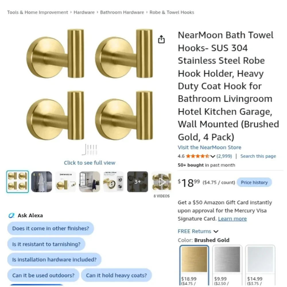 NearMoon Bath Towel Hooks Brushed Gold (4 pack)
